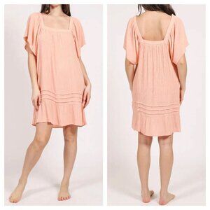 Koy RESORT Miami Square Neck Short‎ Sleeve Crinkle Dress in Blush Sz S